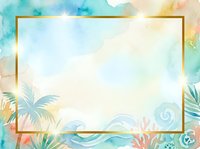 Watercolor tropical frame with gold border and floral elements, featuring palm leaves and ocean waves. Isolated design on transparent background, ready for invitations, posters, and greeting cards.