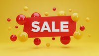 Red sale banner with floating spheres on yellow background for promotional marketing campaigns and discount advertising materials.