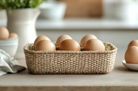 Fresh brown eggs in woven basket on wooden table with soft natural lighting, white ceramic dishes and green plant in background, rustic farmhouse style.