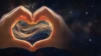 Hands forming glowing heart shape with cosmic galaxy and golden light waves inside, symbolizing love, connection, and universe energy for romantic and spiritual designs.