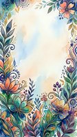 Watercolor floral frame with ornamental botanical borders featuring coral, purple, and blue flowers with decorative leaves and swirls on cream background, suitable for invitations and design projects.