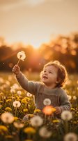 Adorable toddler boy with curly hair holding dandelion in golden sunset light among wildflowers in spring meadow creating magical childhood moment.