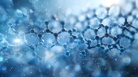 Abstract molecular structure visualization in blue tones with bokeh effect and particles. Scientific concept for chemistry, biology, medicine, or pharmaceutical research background.