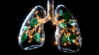 Glowing glass lungs with green leaves and illuminated branches inside against black background, representing breath of nature and environmental health concept.