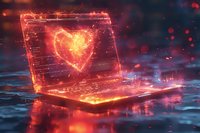 Futuristic laptop with glowing heart hologram display in dark atmospheric setting with water reflections. Perfect for technology, love online, or digital romance concepts.