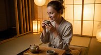 Young Caucasian woman in beige robe enjoying traditional tea ceremony in warm Japanese-style room with soft lighting and wooden table.