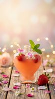 Strawberry pink cocktail in a heart-shaped bottle with mint and flowers on a rustic wooden table, soft bokeh lights in background.