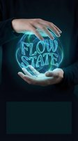 Caucasian male hands holding glowing neon sphere with flow state text, representing mindfulness, meditation, and peak performance concept for wellness and mental health applications.