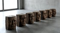 Wooden carved face sculptures arranged in row on concrete floor in modern minimalist interior space for artistic home decor and gallery display.