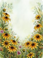 Watercolor wildflower frame with yellow daisies and purple blooms on textured paper background for greeting cards, invitations and botanical designs.