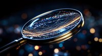 Magical cosmos reflection in magnifying glass with glowing particles and bokeh lights against dark background, creating ethereal space exploration concept.