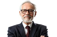 Confident senior Asian businessman with glasses and gray beard wearing suit and red tie, arms crossed, on white background, professional portrait.