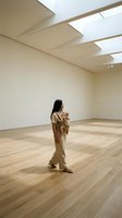 Young Asian woman walking in minimalist gallery space, carrying newborn in front carrier, neutral tones, natural light from skylight above.