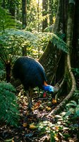 Southern cassowary foraging in lush tropical rainforest with ferns and dappled sunlight filtering through dense canopy creating natural wildlife habitat scene.
