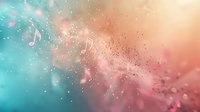 Musical notes floating in dreamy turquoise and coral pink bokeh background with sparkling particles and soft blurred lights for creative design projects.