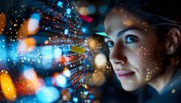 Young Caucasian woman illuminated by vibrant blue and orange bokeh lights, looking into distance with contemplative expression against dark background with glowing particles.