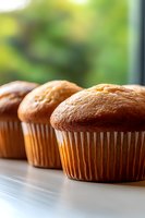 Fresh baked vanilla muffins in paper cups on wooden surface with soft natural lighting and blurred green background, close-up view with selective focus.