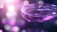 Magical purple liquid with sparkling particles in glass container against blurred bokeh background creates mystical atmosphere for fantasy concepts.