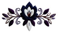 Elegant embroidered floral motif with navy blue and purple leaves on white background. Decorative border element for textile design and crafts.