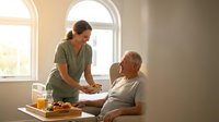 Female nurse in green scrubs serving healthy meal to elderly Caucasian male patient in bright hospital room with arched windows for healthcare nutrition concept.