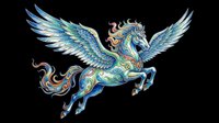 Ornate winged horse with decorative blue and gold patterns, isolated on transparent background. Ready for t-shirt design, clipart, stickers, sublimation, and print-on-demand products.