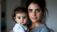 Young mother with dark hair holding baby in light blue clothing against neutral background, intimate family portrait showing tender maternal bond and connection.