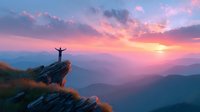 Silhouette of person with arms outstretched on mountain cliff edge against dramatic sunset sky with pink and orange hues over misty mountain ranges.