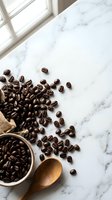 Roasted coffee beans scattered on white marble surface with wooden bowl and spoon, natural window light creating warm morning atmosphere for cafe branding.