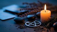 Mystical altar setup with burning candle, pentagram symbol, crystals and natural elements for spiritual rituals and esoteric practices.