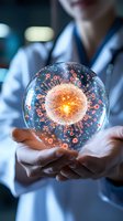 Medical professional holding glowing sphere with illuminated virus model, demonstrating viral structure and research in healthcare setting. Scientific visualization.
