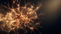 Glowing neural network with golden synapses firing electrical impulses through interconnected pathways in warm amber light against dark background.