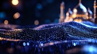 Glowing digital wave landscape with mosque silhouette in background creates magical Ramadan atmosphere against dark night sky with bokeh lights and moon.