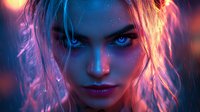 Young woman with glowing blue eyes and intense gaze in neon lighting, dramatic portrait with purple and orange cyberpunk atmosphere, strands of hair frame face.