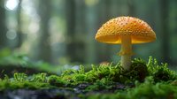 Orange spotted mushroom growing on green moss in magical forest setting with soft bokeh background and natural sunlight creating ethereal woodland atmosphere.