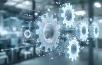 Digital gears and cogs floating in blurred office space background, representing automation, business process optimization and technological advancement.