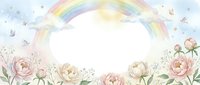 Watercolor floral frame with rainbow and butterflies on white background. Pastel roses border with copy space for text, invitations, greeting cards.