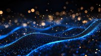Glowing blue waves of particles with golden bokeh lights on dark background create magical flowing motion effect for abstract designs and presentations.