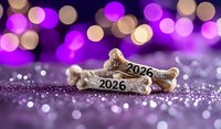 Dog treats with 2026 text on glittery surface against purple and gold bokeh background, festive holiday celebration concept for new year and pets.