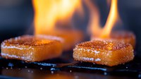 Caramelized sugar cubes dramatically flambéed on dark surface with vibrant orange flames dancing above, creating intense culinary atmosphere in macro shot.