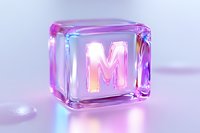 Glowing letter M in transparent glass cube with pink and purple neon lighting effects on reflective surface, modern minimal design element.