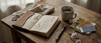Vintage workspace with open journal, coffee mug, pen, glasses and autumn leaves on wooden desk for creative writing, planning and study projects.