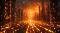 Futuristic digital cityscape with glowing orange particles and light trails leading to bright horizon, skyscrapers silhouettes against illuminated sky. For tech backgrounds.