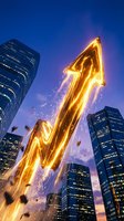 Glowing golden arrow soaring upward through modern city skyline at dusk representing business growth, success, and financial achievement in urban environment.