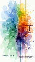 Abstract watercolor brain illustration showing neurotypical and neurodivergent concepts with colorful paint splashes and geometric elements for mental health awareness.