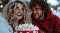 Happy young Caucasian couple sharing hot chocolate with marshmallows during winter evening, laughing together outdoors with festive bokeh lights background.