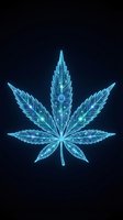 Futuristic neon cannabis leaf with glowing blue circuit patterns on dark background for technology and medical marijuana concepts.