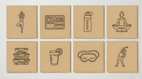 Minimalist line art wellness icons on kraft paper background featuring yoga poses, healthy food, water bottle and meditation symbols for lifestyle branding.