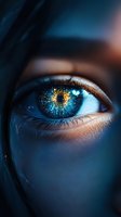 Macro shot of mesmerizing blue eye with golden sparkles and cosmic effect. Dark mysterious atmosphere creates supernatural look for fantasy and magical concepts.