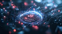 Glowing quantum processor with circuit paths and energy particles in blue and red colors creating futuristic technological atmosphere for computing concepts.