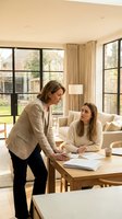 Professional businesswoman mentor coaching young female colleague in modern office space with documents and coffee during consultation meeting.